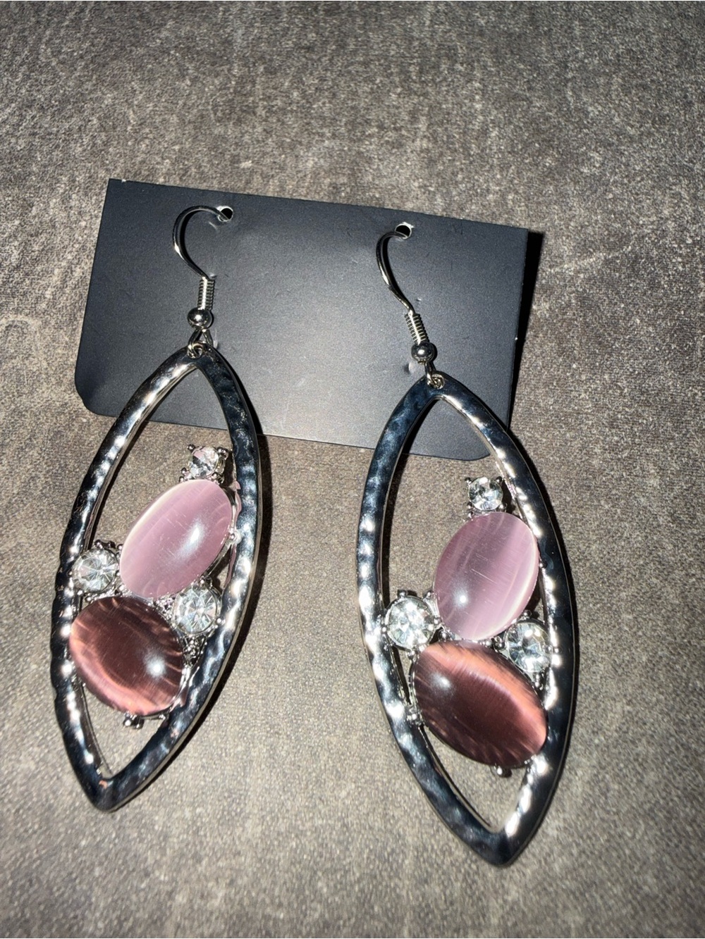 Silver-Tone Drop Earrings with Pink Cat's Eye Stones